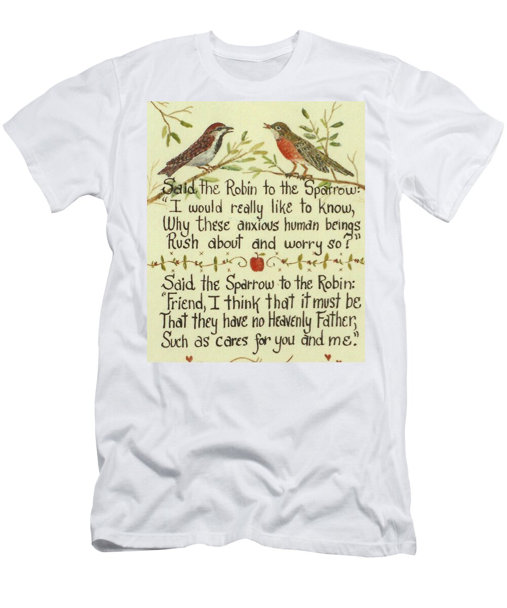 Robin And Sparrow T-Shirt featuring the painting Robin and Sparrow by Lou Ann Bagnall