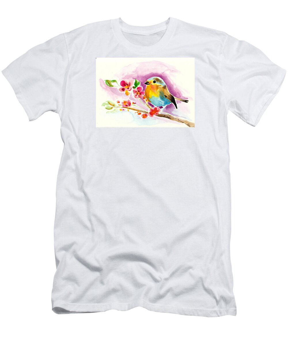 Robin T-Shirt featuring the painting Robin in Flowers by Tiberiu Soos