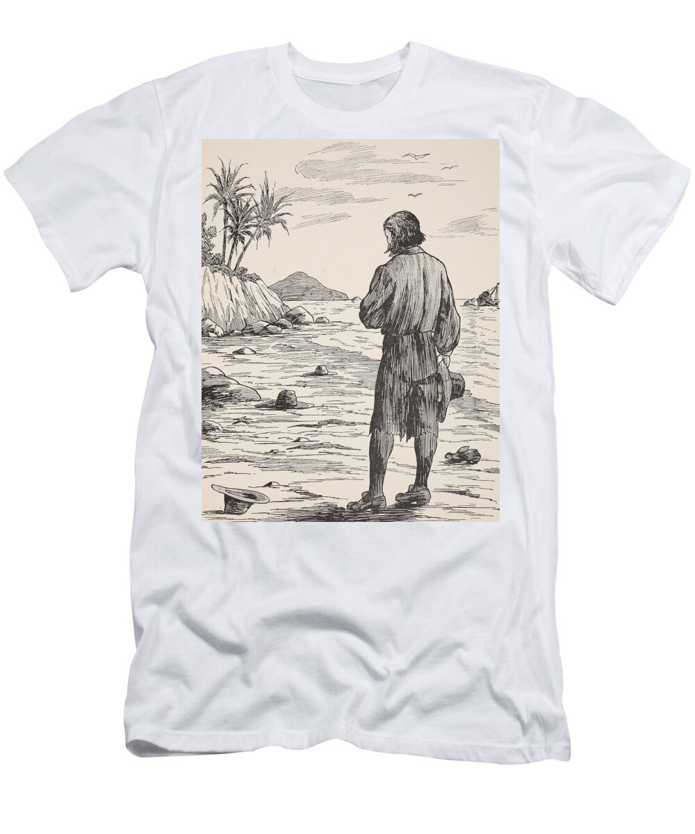 Robinson Crusoe T-Shirt featuring the painting Robinson Crusoe on his island by English School