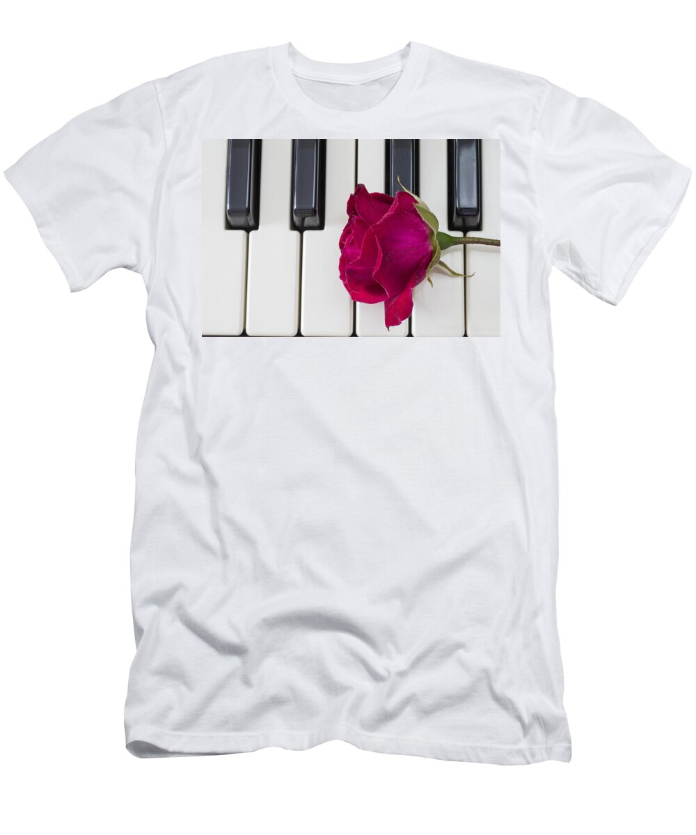 Piano T-Shirt featuring the photograph Rose over piano keys by Paulo Goncalves