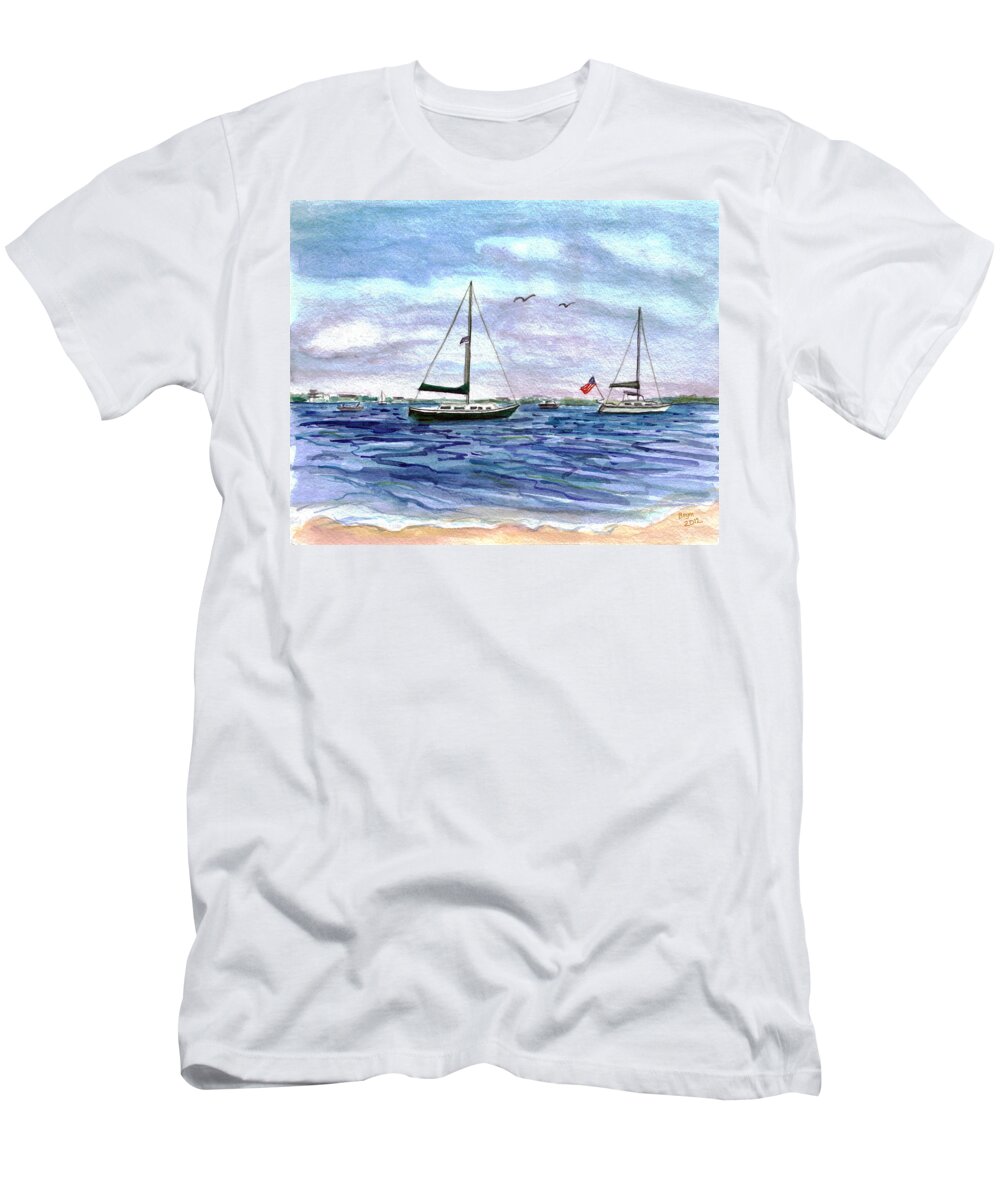 Boat T-Shirt featuring the painting Safe Harbour by Clara Sue Beym
