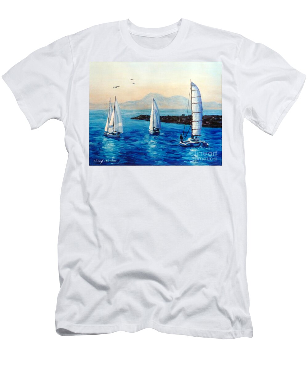 Sailboats T-Shirt featuring the painting Sailboats by Cheryl Del Toro