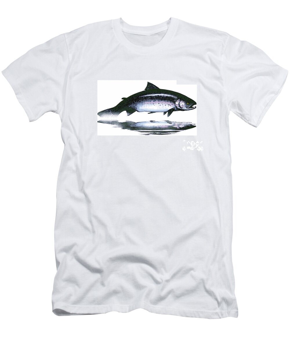 Atlantic Salmon T-Shirt featuring the mixed media Salar - the Leaper by Art MacKay