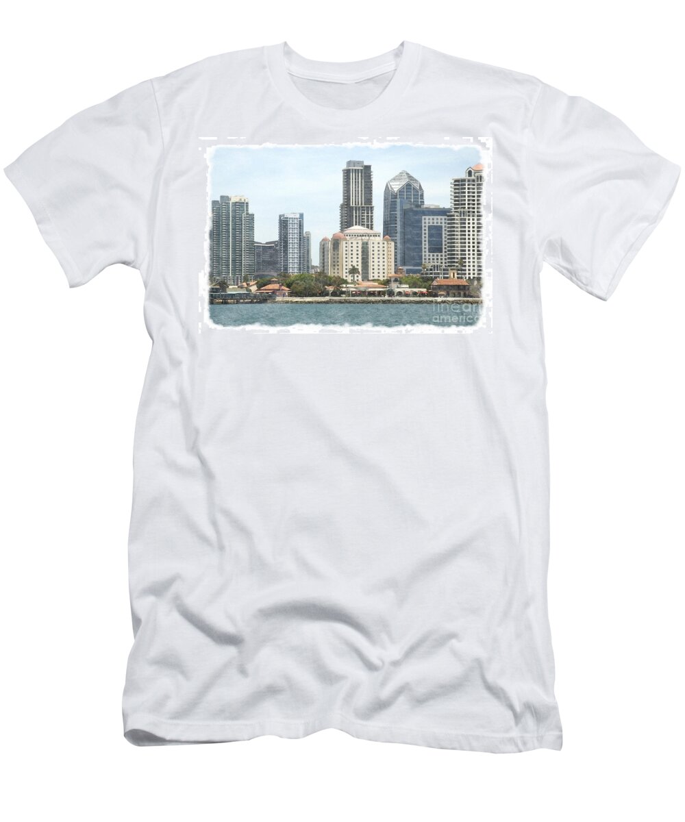 Architecture T-Shirt featuring the mixed media Seaport Village and Downtown San Diego Watercolor by Claudia Ellis