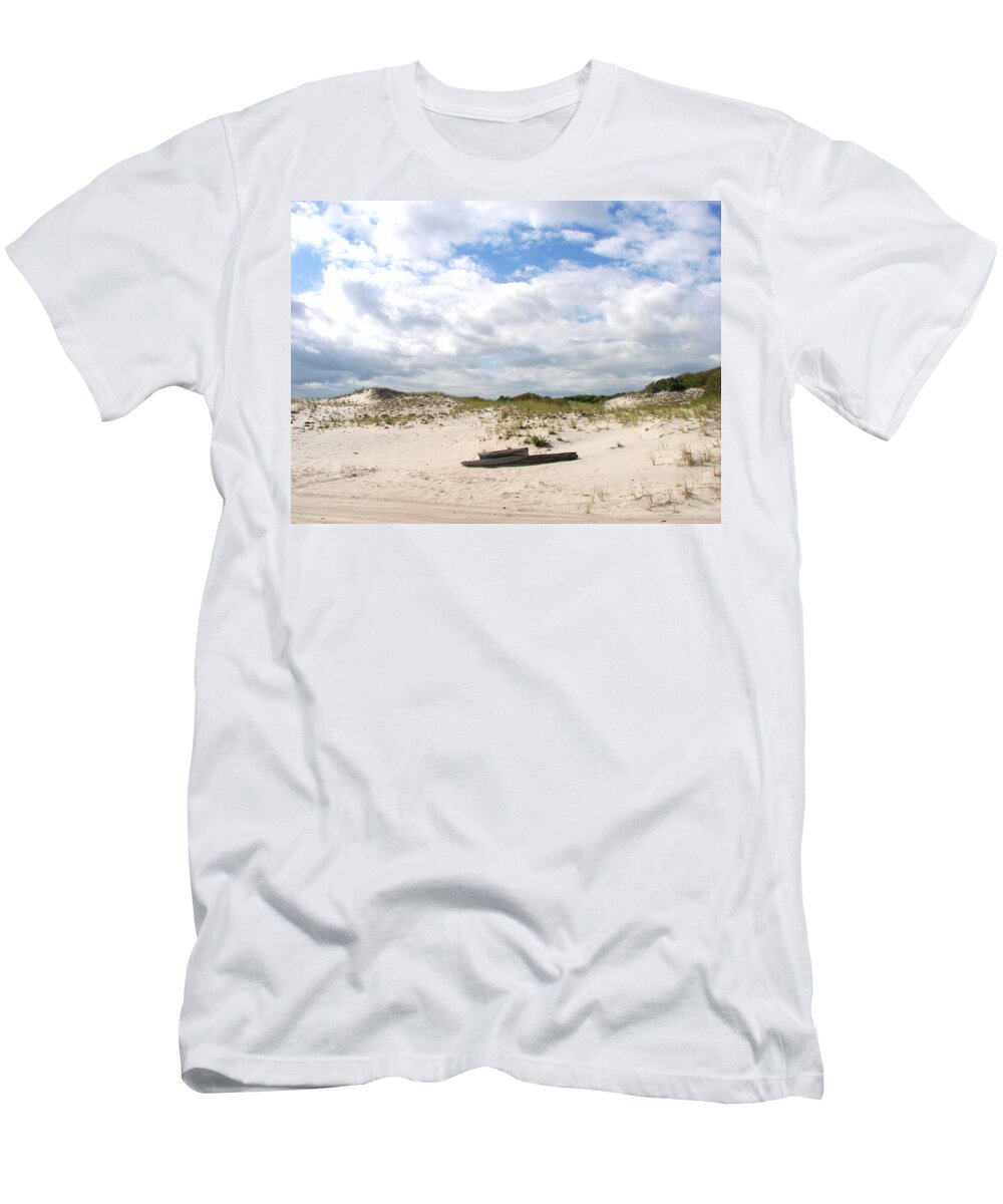 Sand T-Shirt featuring the photograph Seaside Driftwood and Dunes by Pamela Hyde Wilson