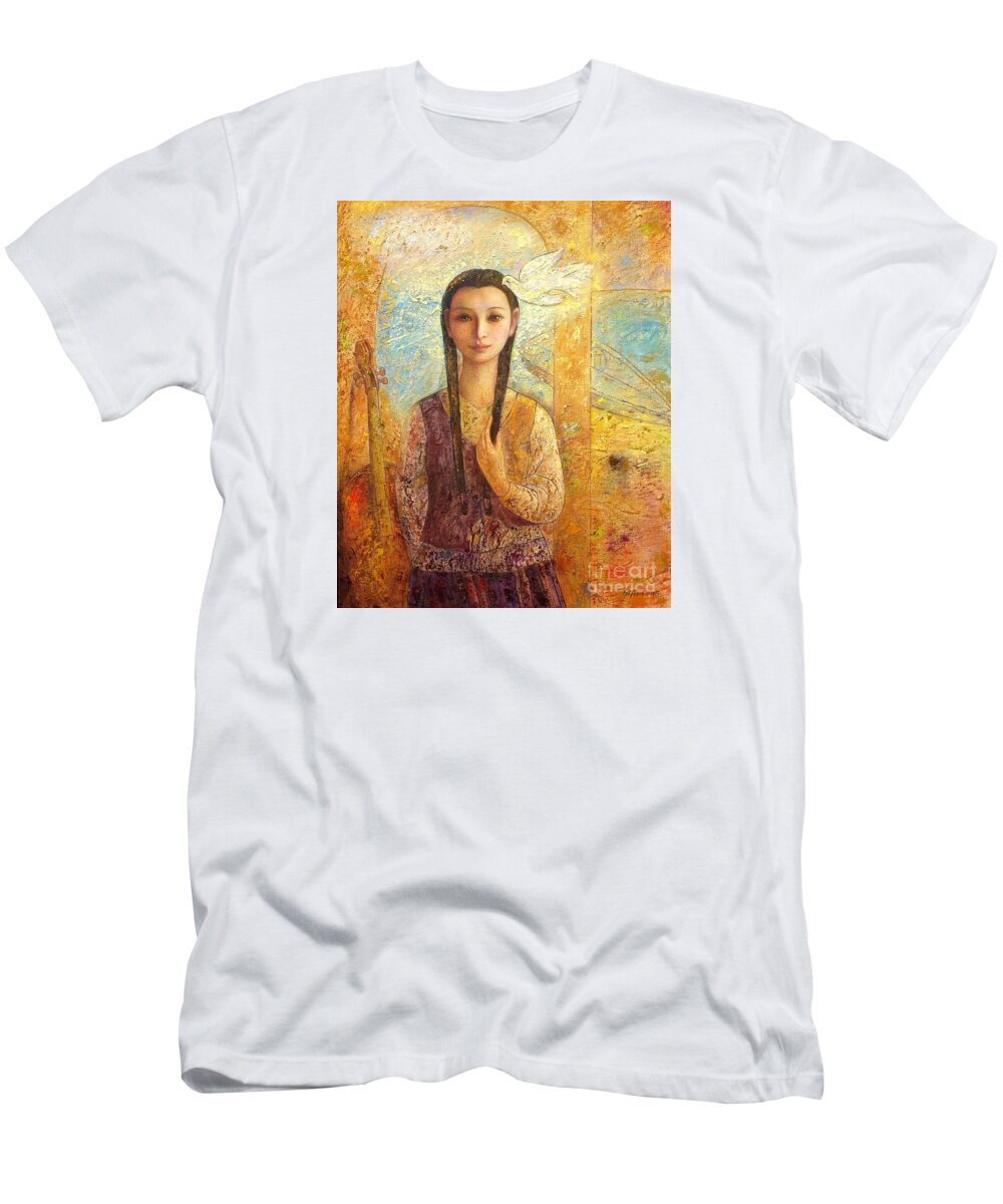 Oil T-Shirt featuring the painting Serene Seaside by Shijun Munns