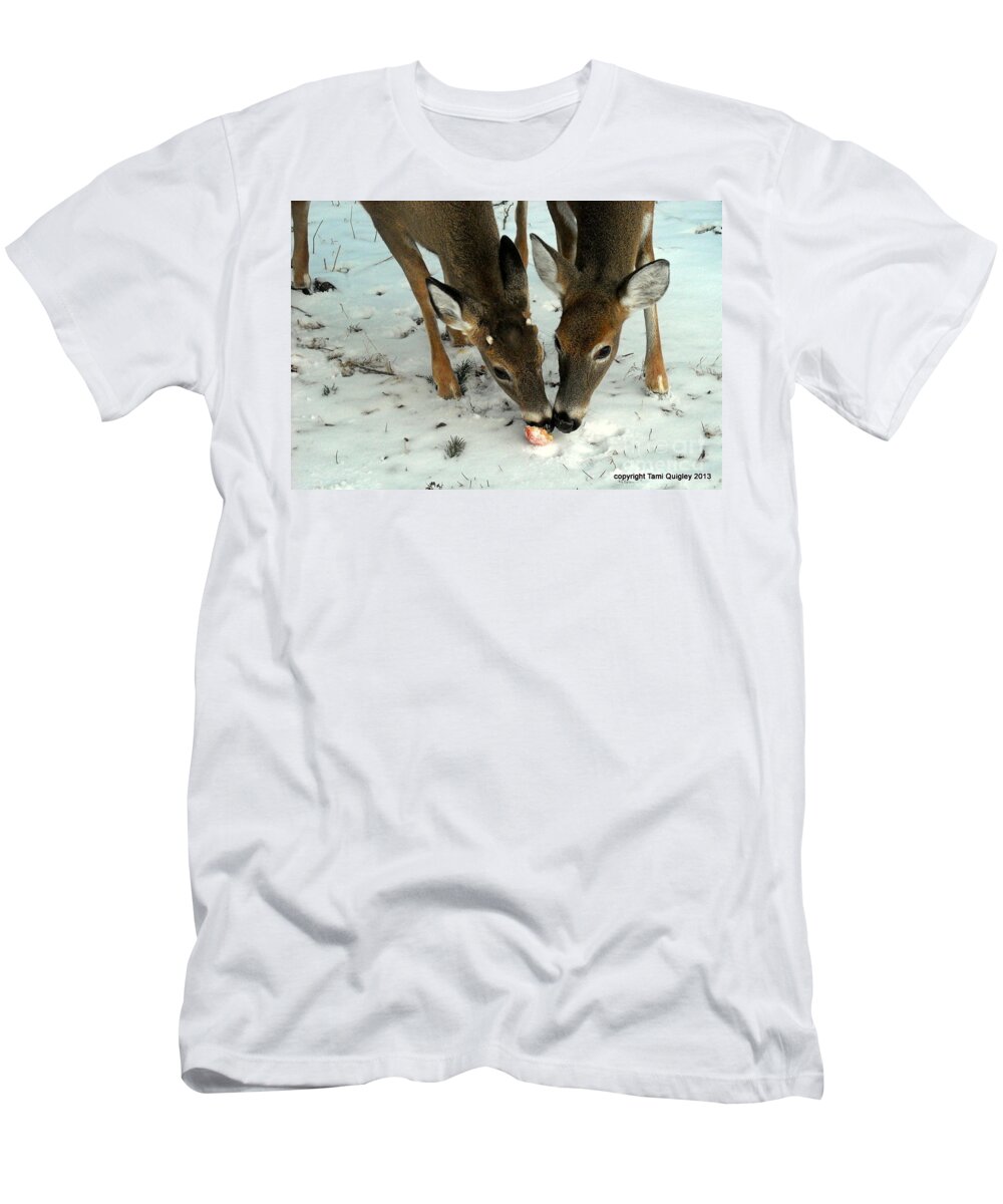 Deer T-Shirt featuring the photograph Sharing The Snowy Apple by Tami Quigley