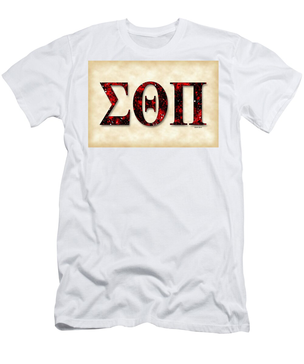 Sigma Thta Pi T-Shirt featuring the digital art Sigma Theta Pi - Parchment by Stephen Younts