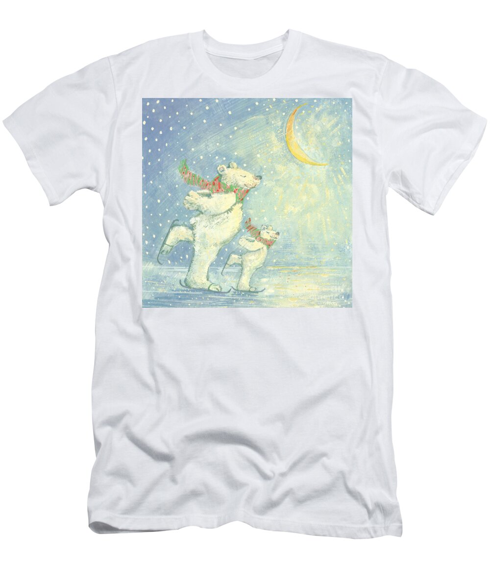 Ice; Smiling; Happy; Bear; Snow; Crescent Moon; Christmas Card; Blizzard; Children's Illustration T-Shirt featuring the painting Skating Polar Bears by David Cooke