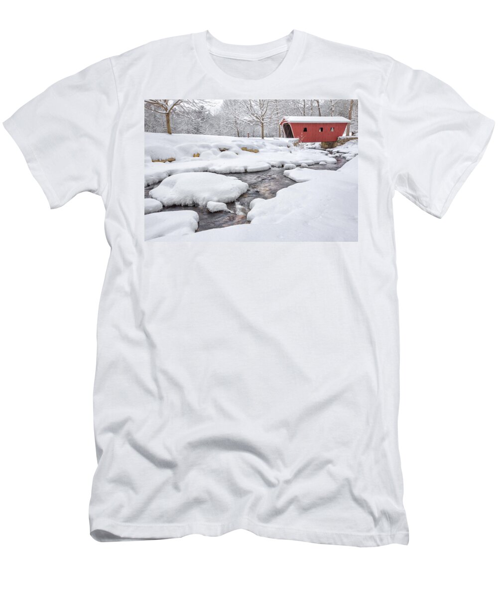 Snow Covered Bridge T-Shirt featuring the photograph The Stillness of Winter by Bill Wakeley
