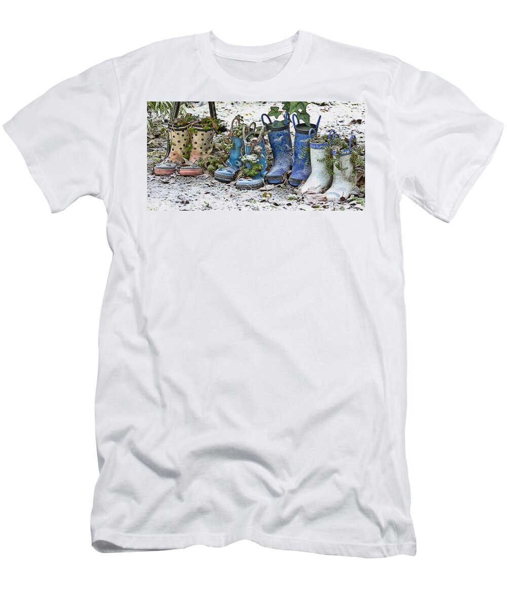 Yard Art T-Shirt featuring the photograph Snowy Cold Rubber Boots by Ron Roberts