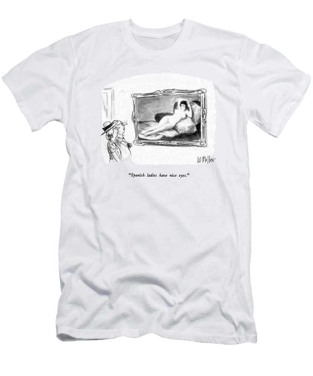 

 Elderly Couple Looking At A Goya Nude. 
Art T-Shirt featuring the drawing Spanish Ladies Have Nice Eyes by Warren Miller