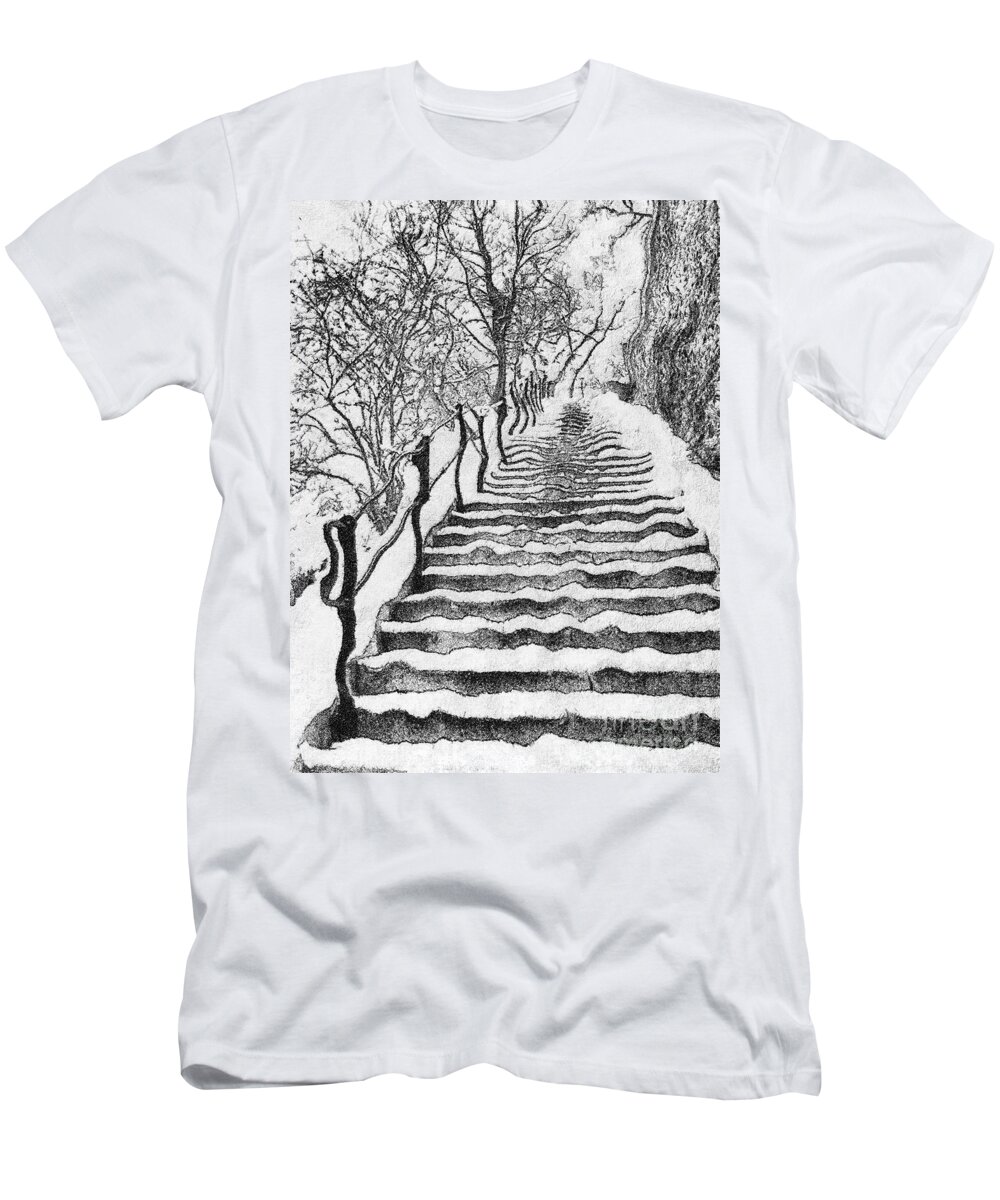 Budapest T-Shirt featuring the painting Stairs in winter by Odon Czintos