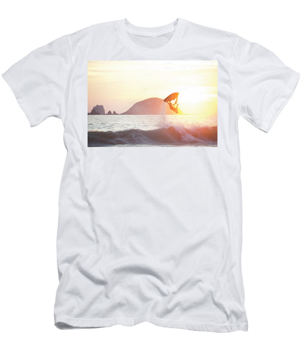 Scenics T-Shirt featuring the photograph Stand Up Jet Ski Backflip At Sunset by Marcos Ferro