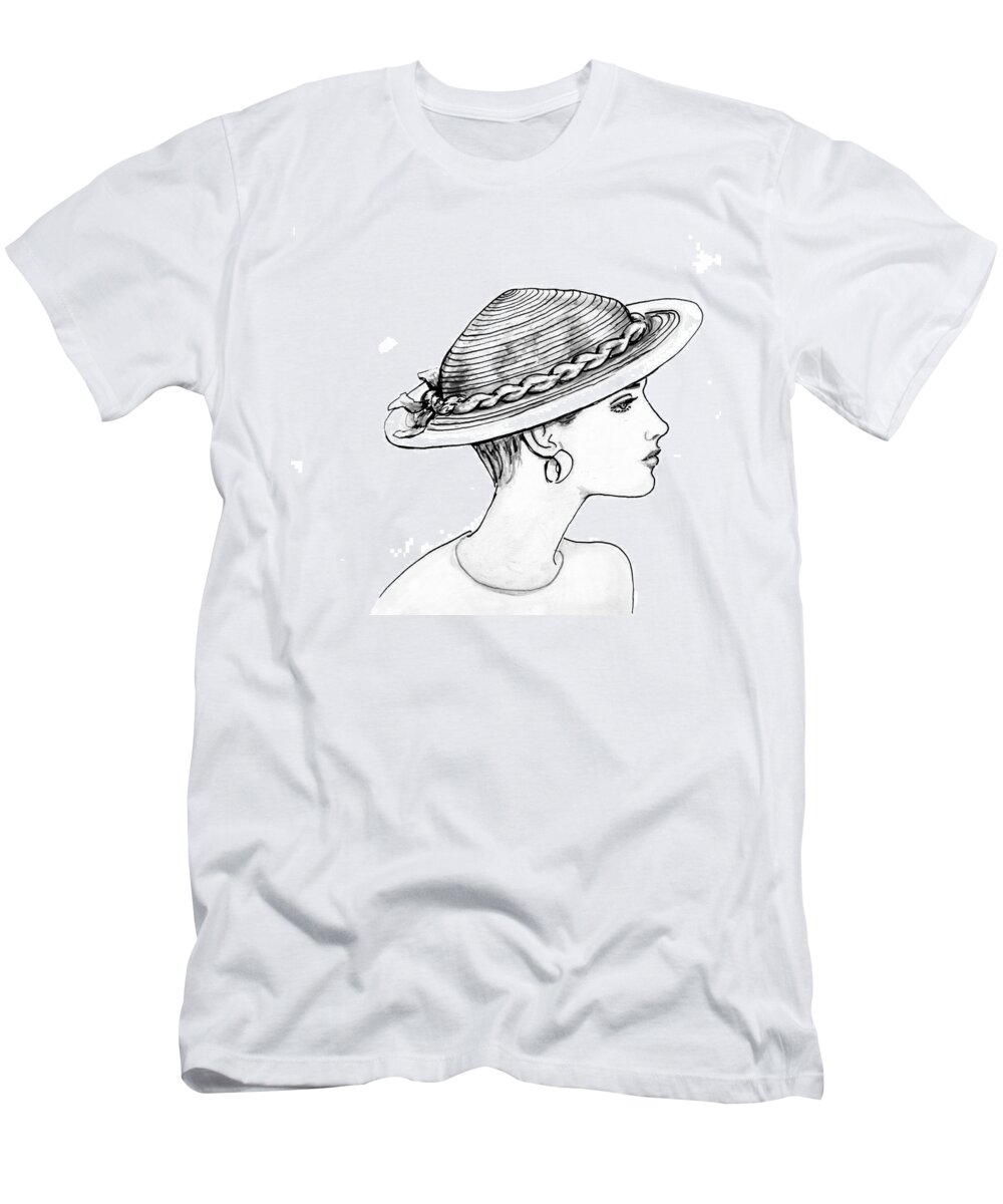 Fashion Illustration T-Shirt featuring the drawing Straw Hat by Sarah Parks