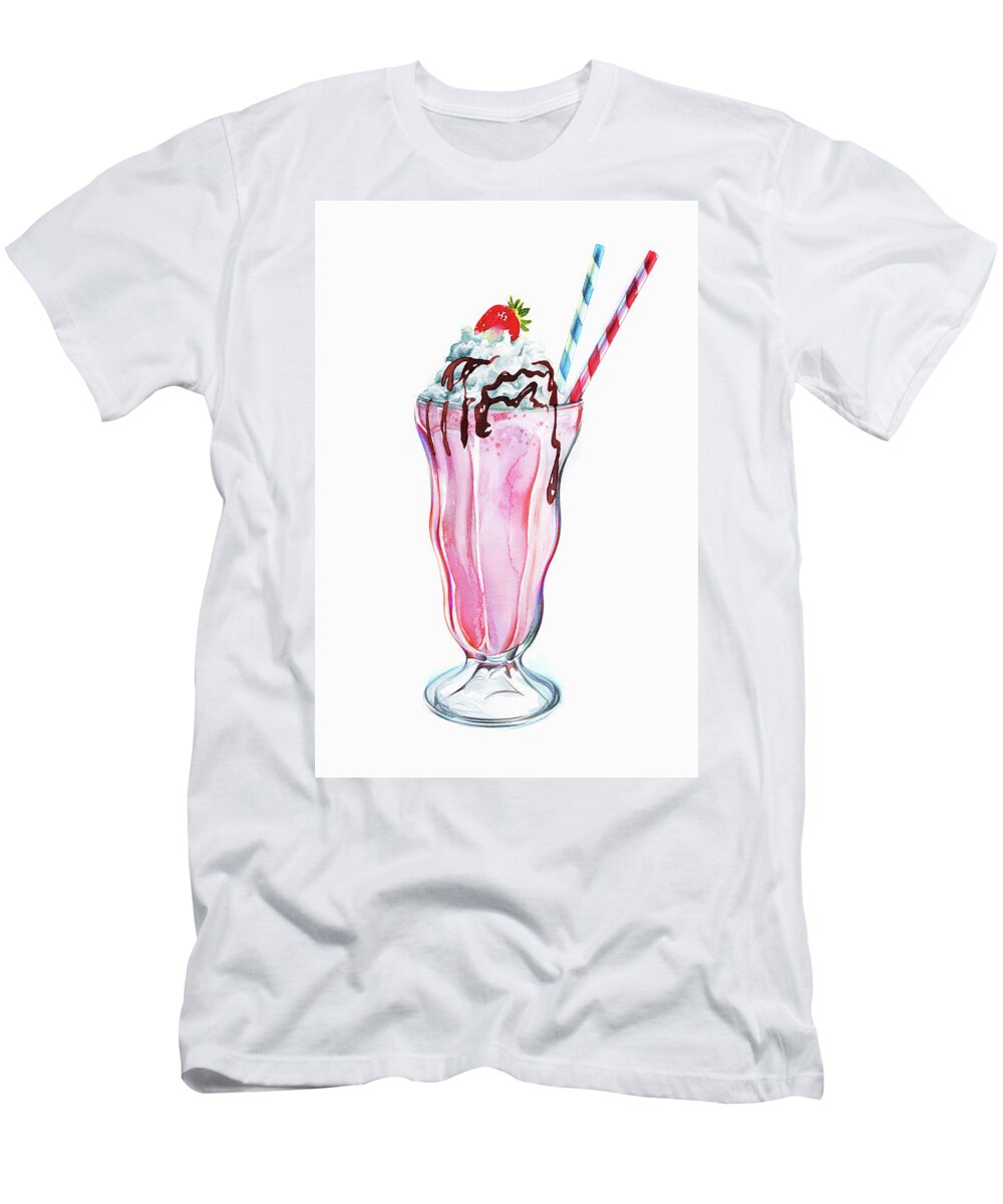 Chocolate Icing T-Shirt featuring the painting Strawberry Milkshake With Whipped Cream by Ikon Ikon Images