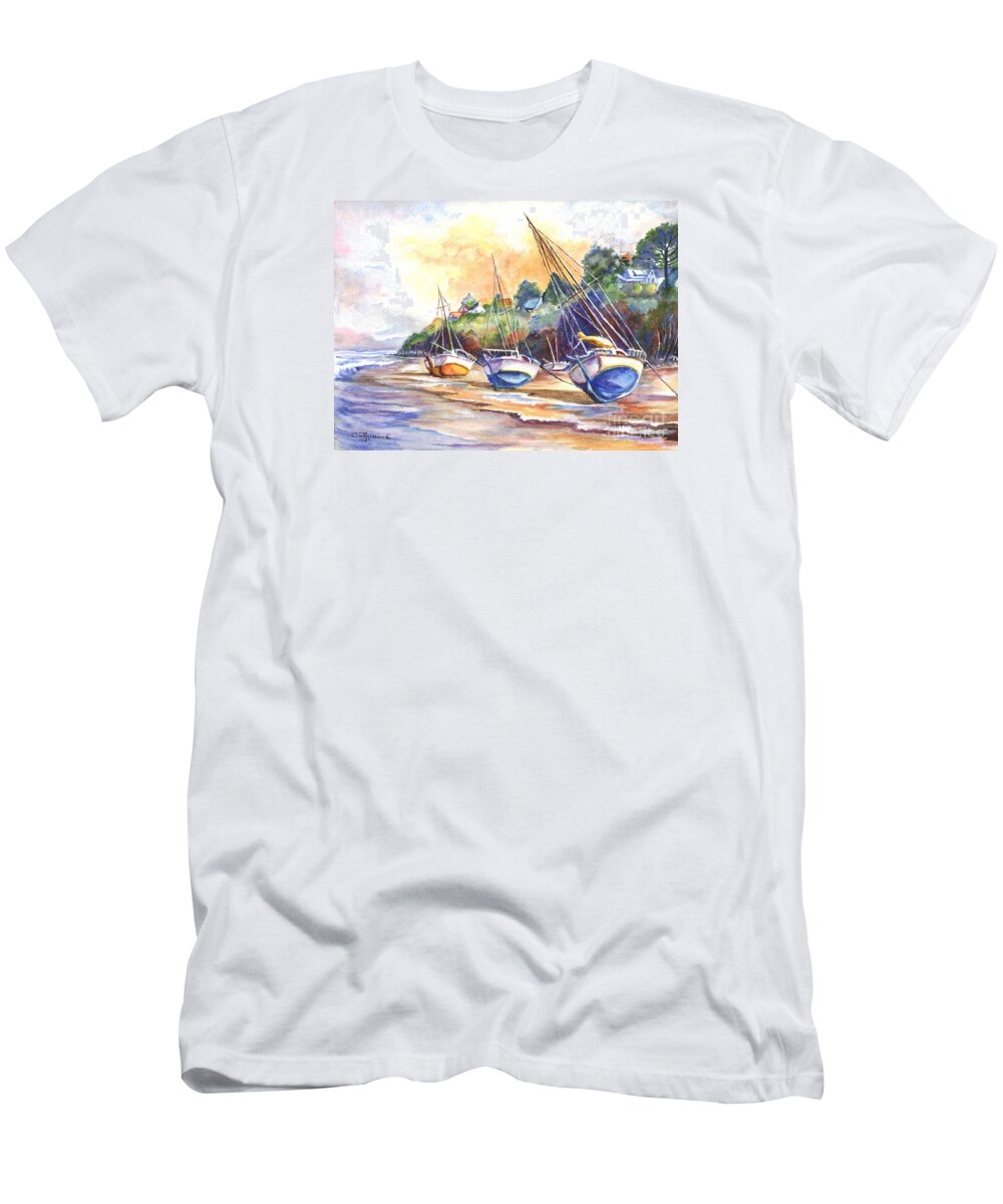 Hand Painted T-Shirt featuring the painting Sunset Sail on Brittany Beach by Carol Wisniewski