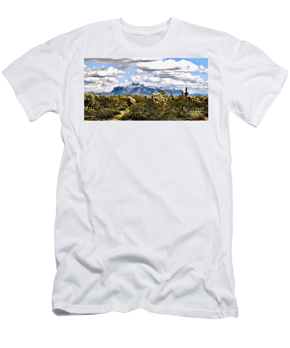 Superstition Mountain T-Shirt featuring the photograph Superstitions With Snow Panorama by Marilyn Smith