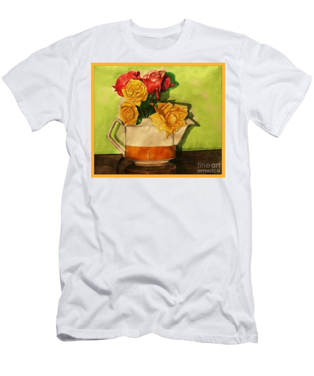 Tea Roses T-Shirt featuring the painting Tea Roses Bordered by Joan-Violet Stretch