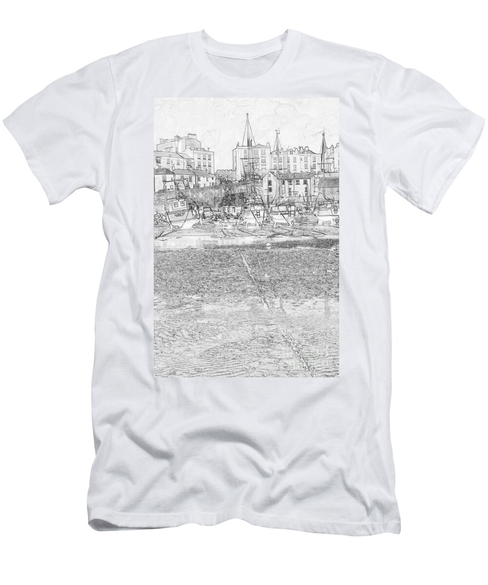 Tenby T-Shirt featuring the photograph Tenby Harbor Pencil Sketch 4 by Steve Purnell