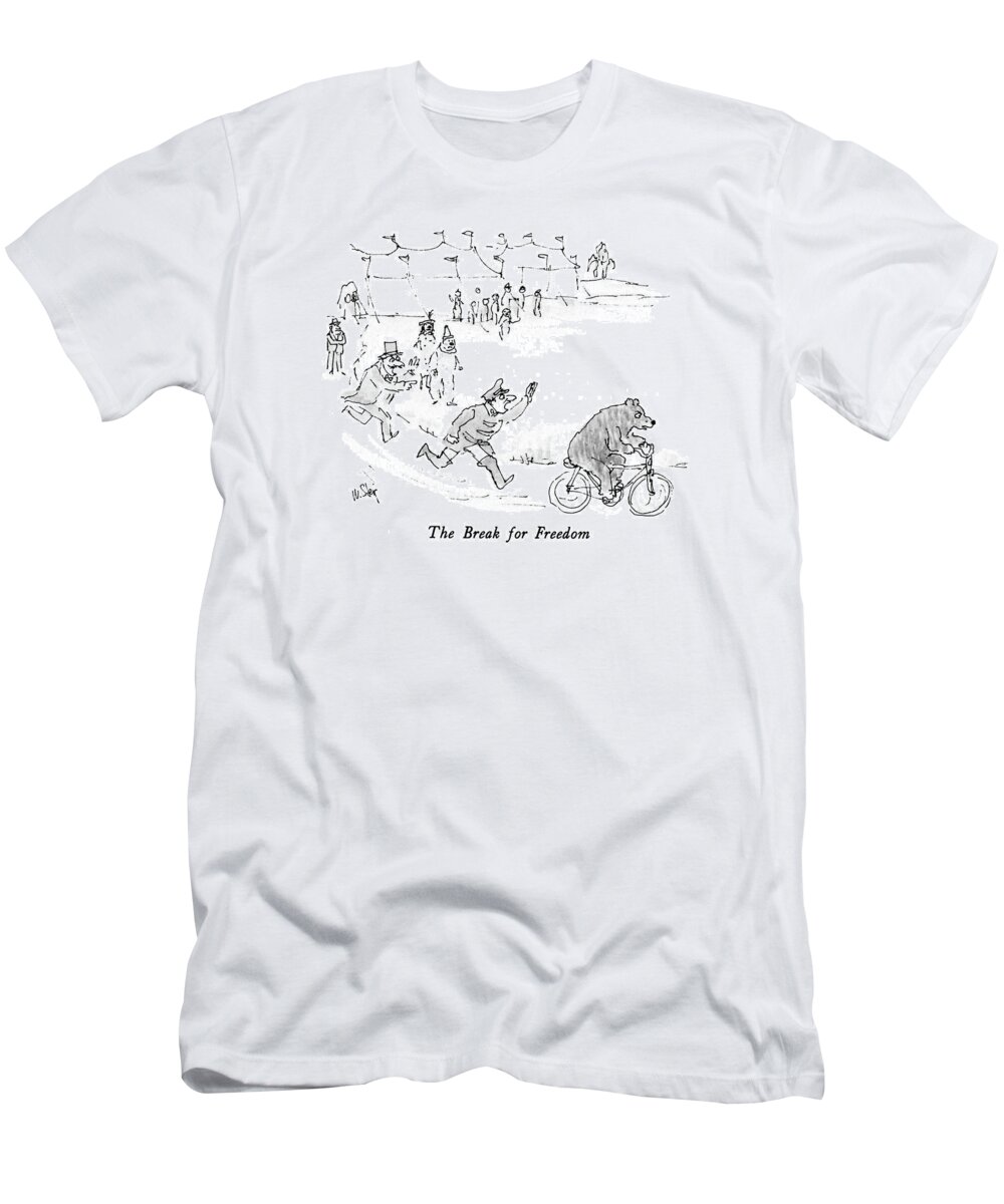 The Break For Freedom

The Break For Freedom: Title. A Bear On A Bicycle Rides Away From A Group Of Circus Tents. He Is Chased By A Trainer And Some Other Circus Figures. 
Animals T-Shirt featuring the drawing The Break For Freedom by William Steig