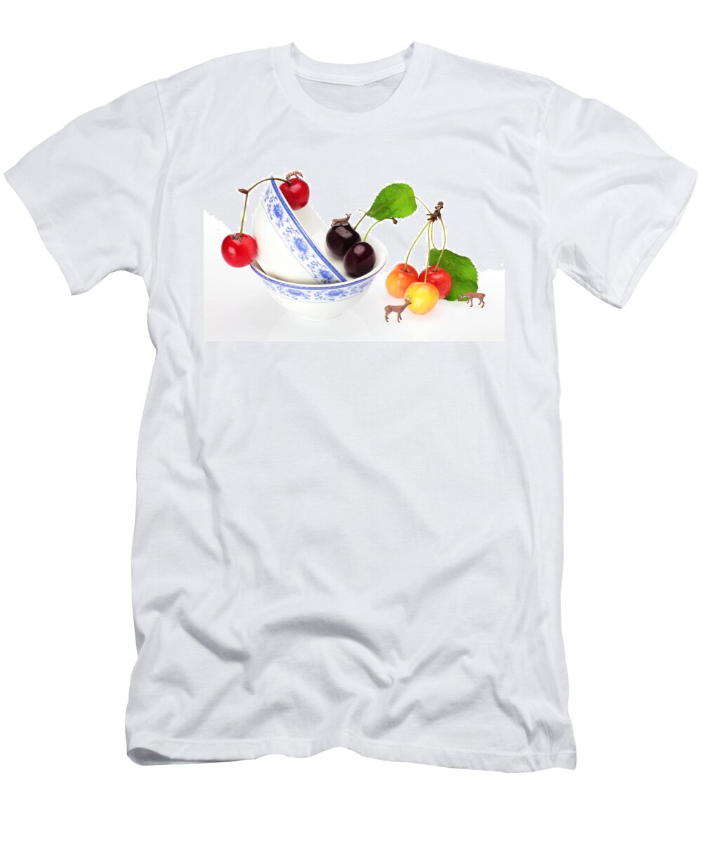 Deer T-Shirt featuring the painting The deers among cherries and blue-and-white china miniature art by Paul Ge