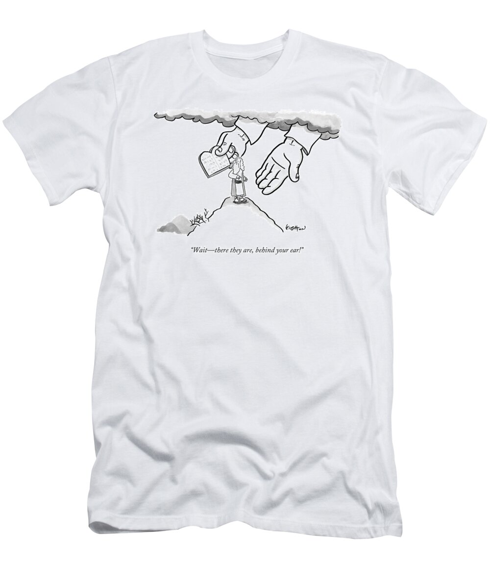 Moses T-Shirt featuring the drawing The Giant Hands Of God Hold Up The Tablets by Robert Leighton