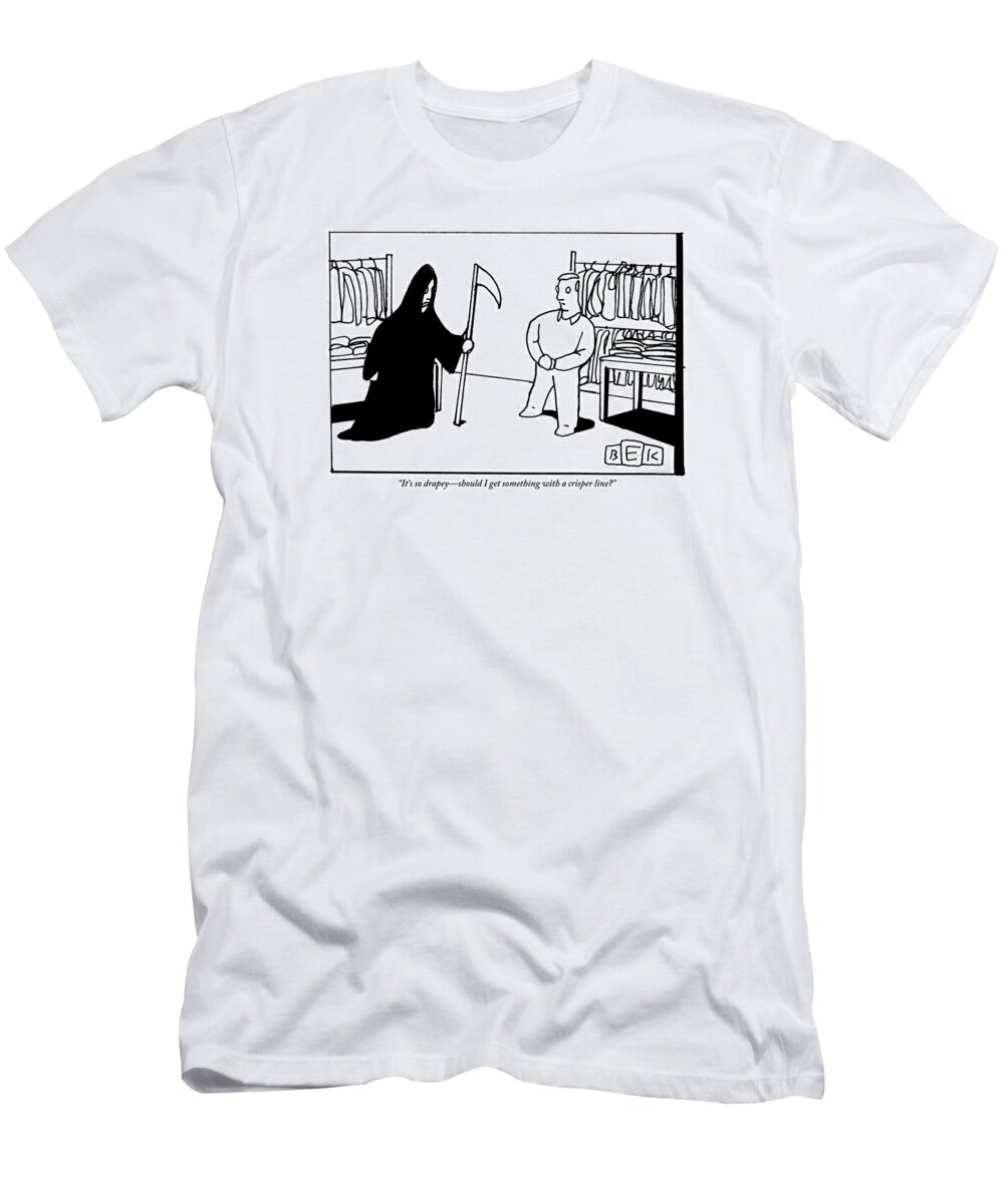 Men's T-Shirt featuring the drawing The Grim Reaper Is Trying On Clothing by Bruce Eric Kaplan