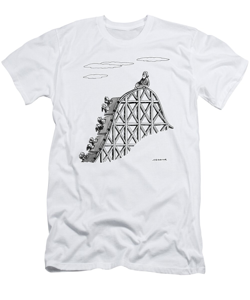 Captionless T-Shirt featuring the drawing The Guru Sits At The Peak Of A Roller Coaster by Joe Dator