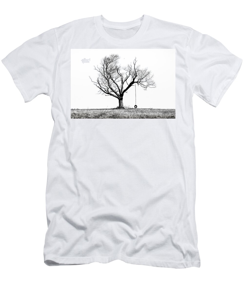 Tree T-Shirt featuring the photograph The Playmate - Old Tree And Tire Swing On An Open Field by Gary Heller