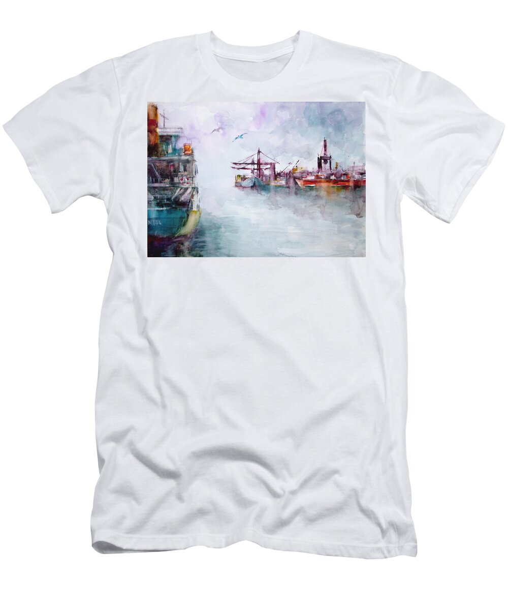 Turkey T-Shirt featuring the painting The Ship at Harbor Entrance by Faruk Koksal