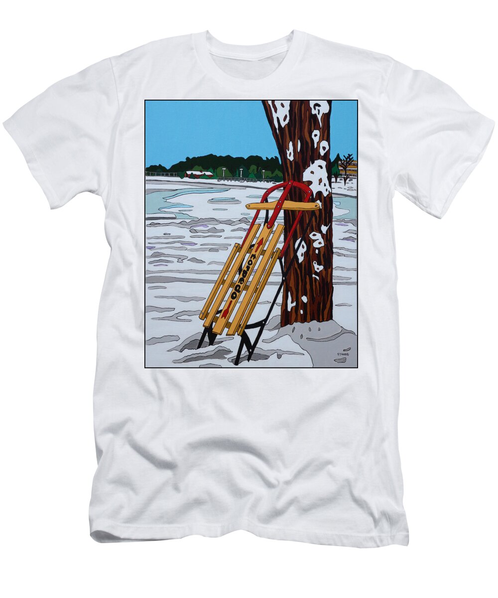 Valley Stream T-Shirt featuring the painting The Sled # 2 by Mike Stanko