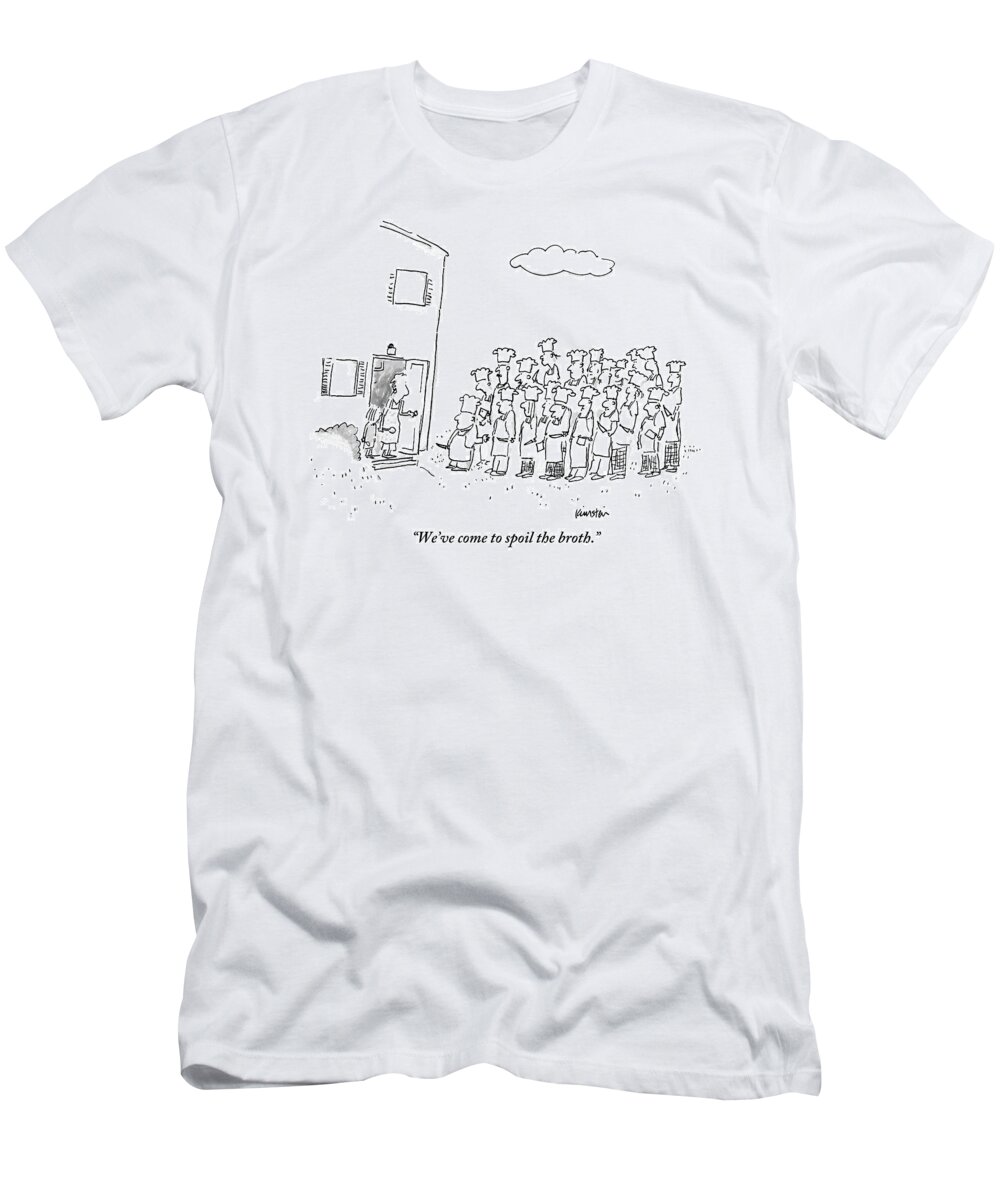 Chefs T-Shirt featuring the drawing The Spokesman For A Hoard Of Chefs Addresses by Ken Krimstein