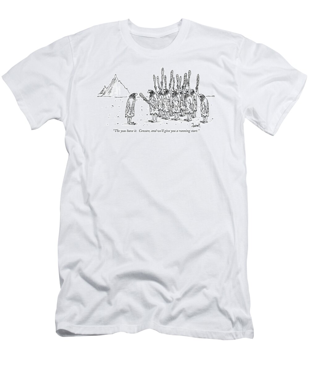 Cavemen T-Shirt featuring the drawing The Yeas Have It. Censure by Tom Cheney