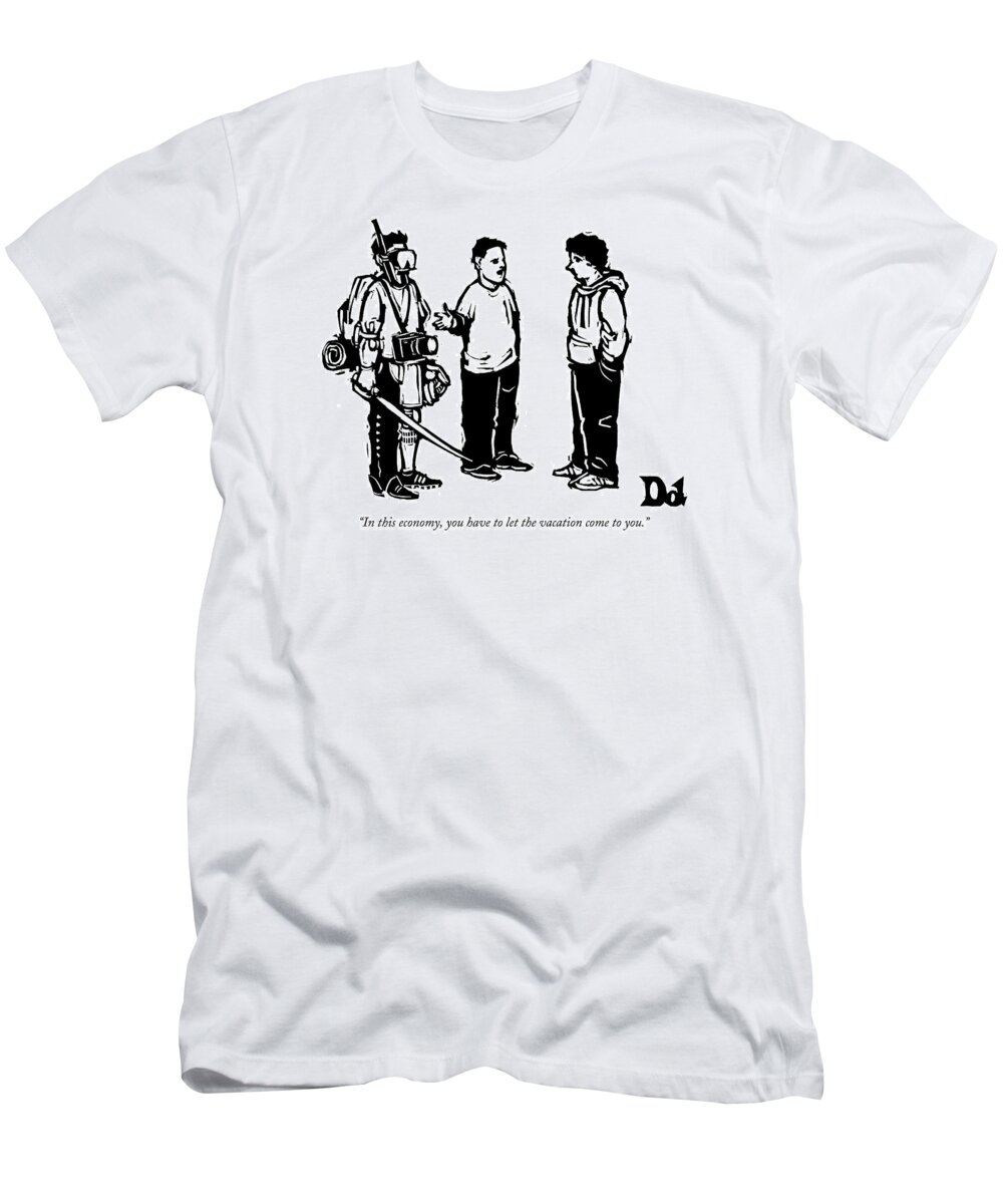 Caption Contest T-Shirt featuring the drawing Three Boys Talking by Drew Dernavich