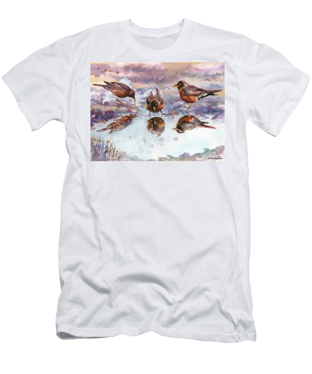 Robins Painting T-Shirt featuring the painting Three Thirsty Robins by Anne Gifford