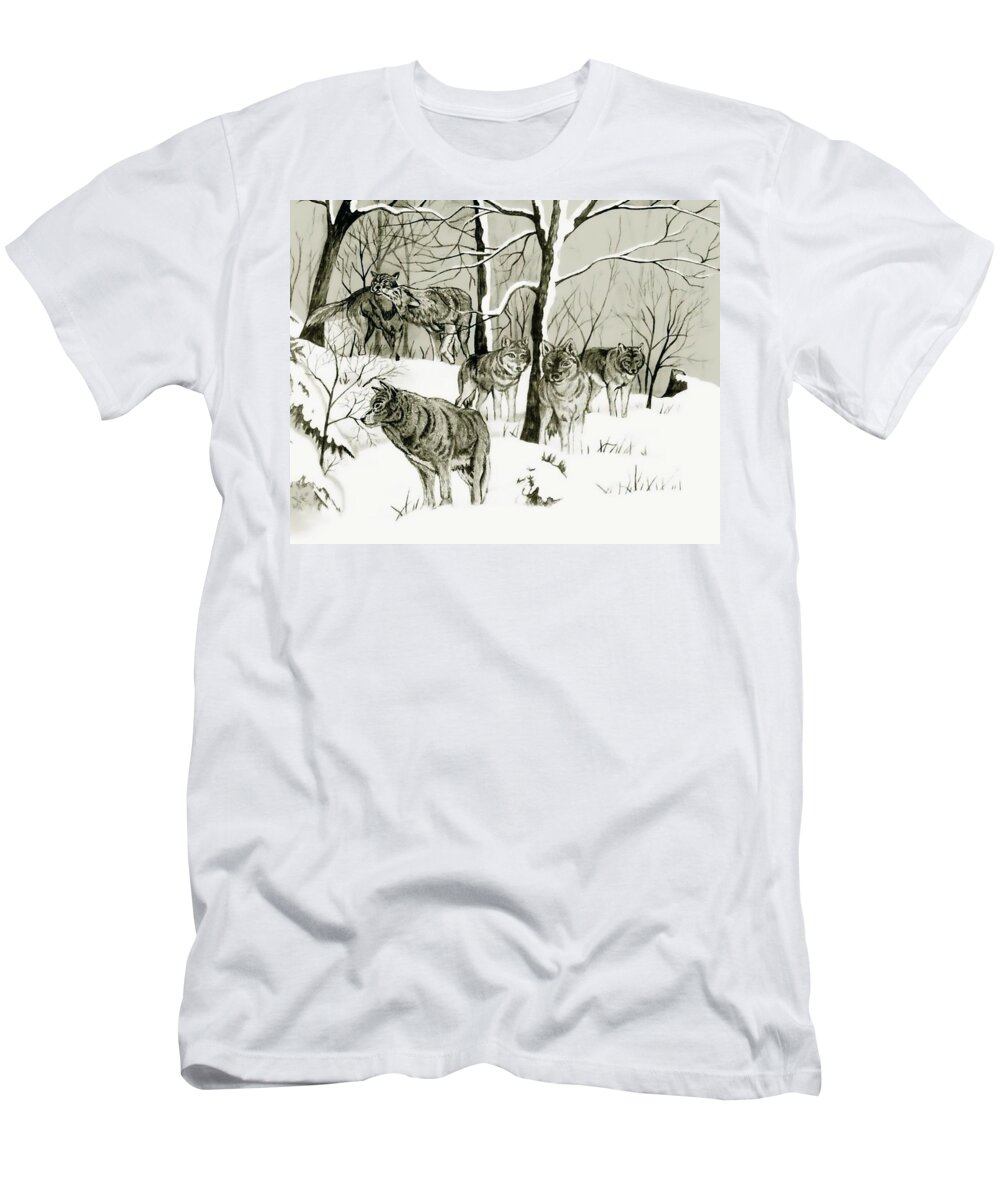 Landscape T-Shirt featuring the drawing Timber Wolf Pack by Anthony Seeker