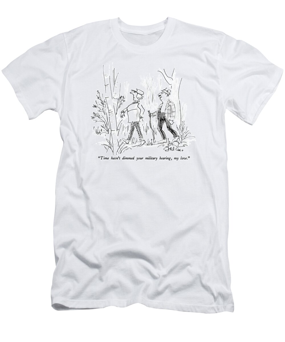 

 Man To Wife As They Stroll Through Forest. 
Women T-Shirt featuring the drawing Time Hasn't Dimmed Your Military Bearing by Edward Frascino