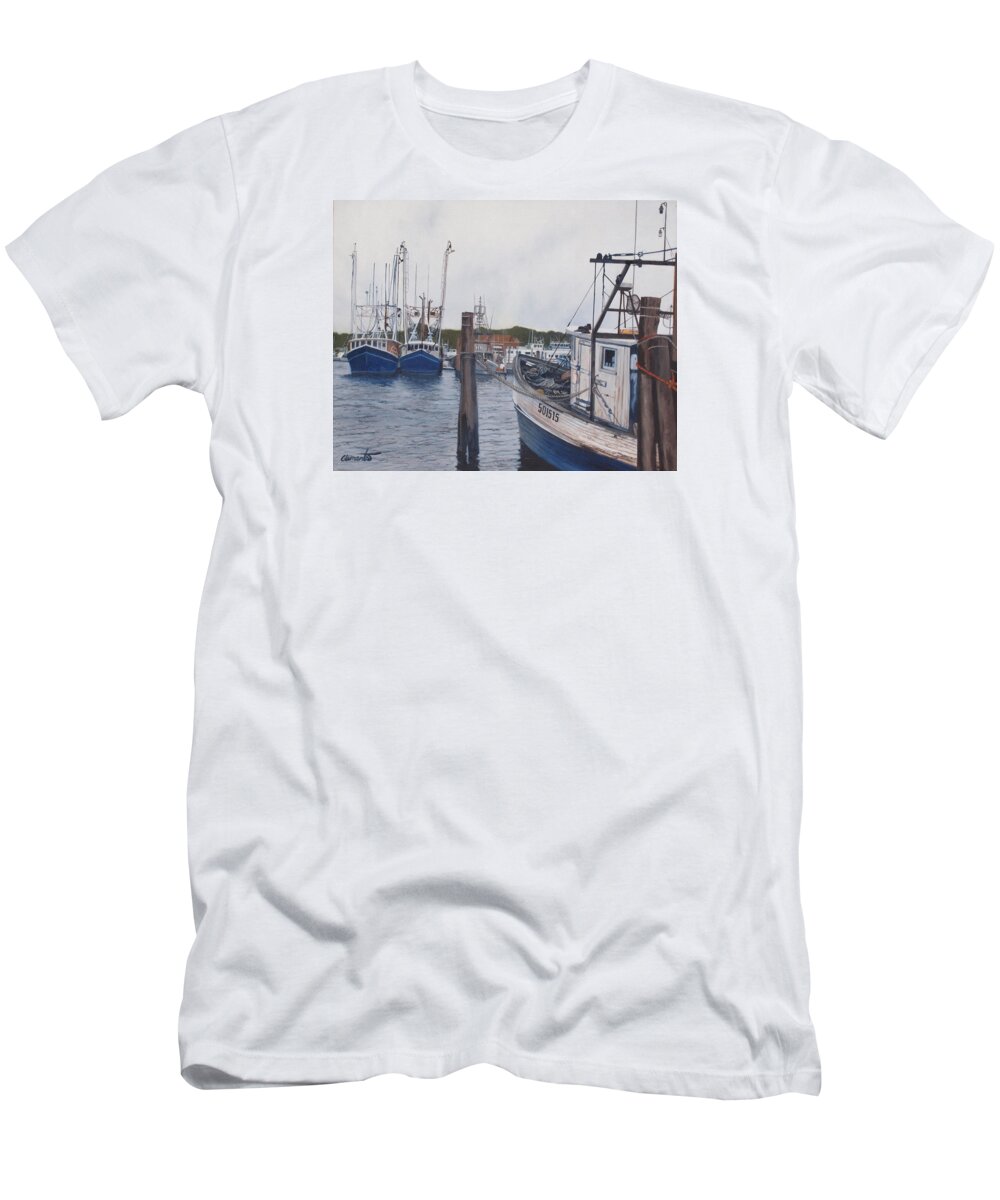 Montauk T-Shirt featuring the painting Trawlers at Gosman's Dock Montauk by Barbara Barber