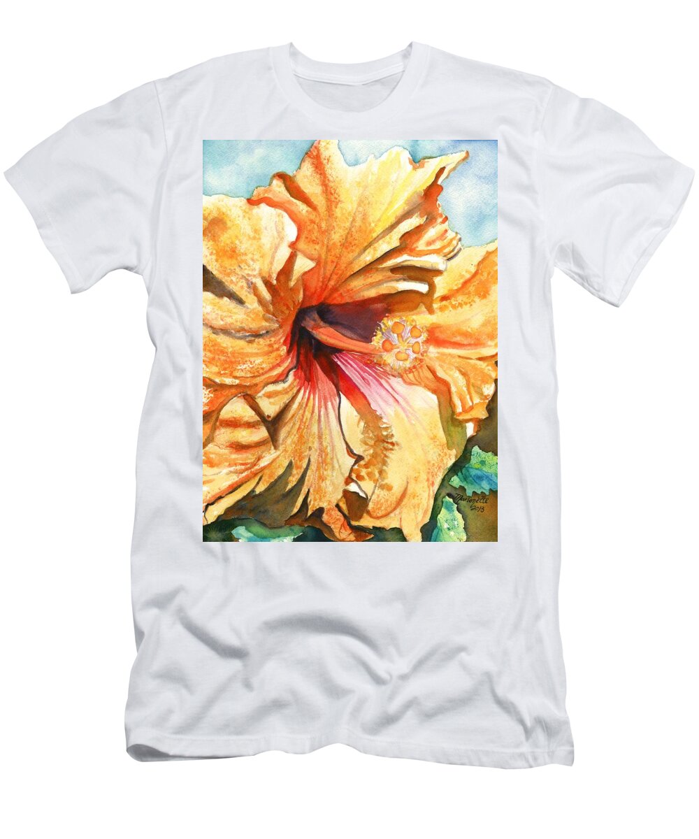 Yellow Hibiscus T-Shirt featuring the painting Tropical Hibiscus 3 by Marionette Taboniar