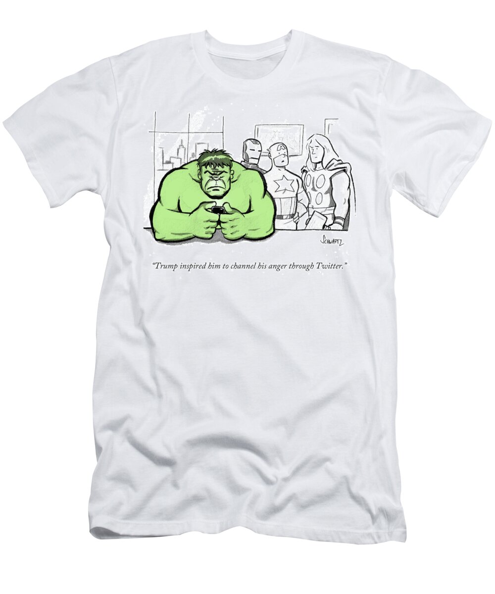 Trump Inspired Him To Channel His Anger Through Twitter.' T-Shirt featuring the drawing Trump Inspired by Benjamin Schwartz