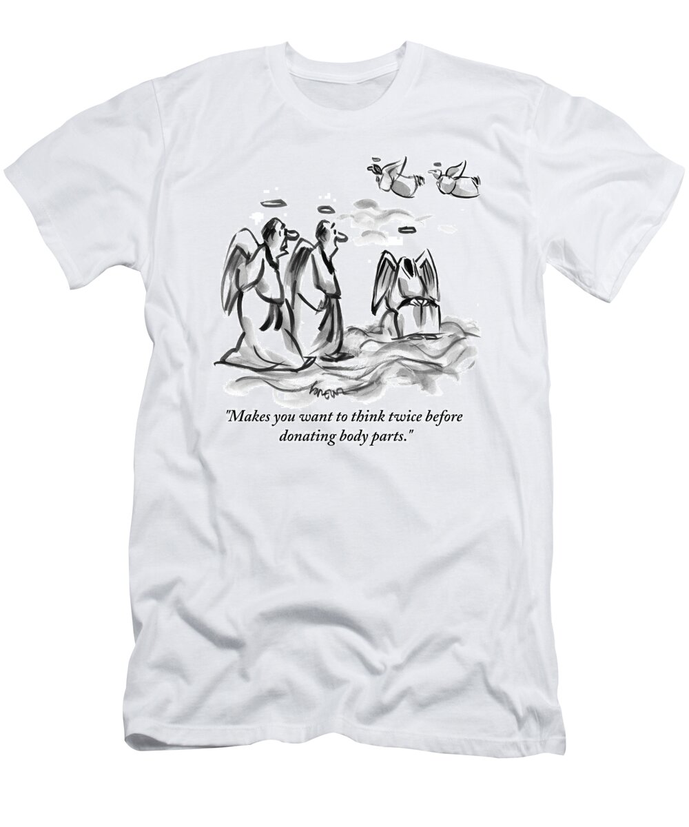 Heads T-Shirt featuring the drawing Two Angels Discuss A Third Headless Angel by Lee Lorenz