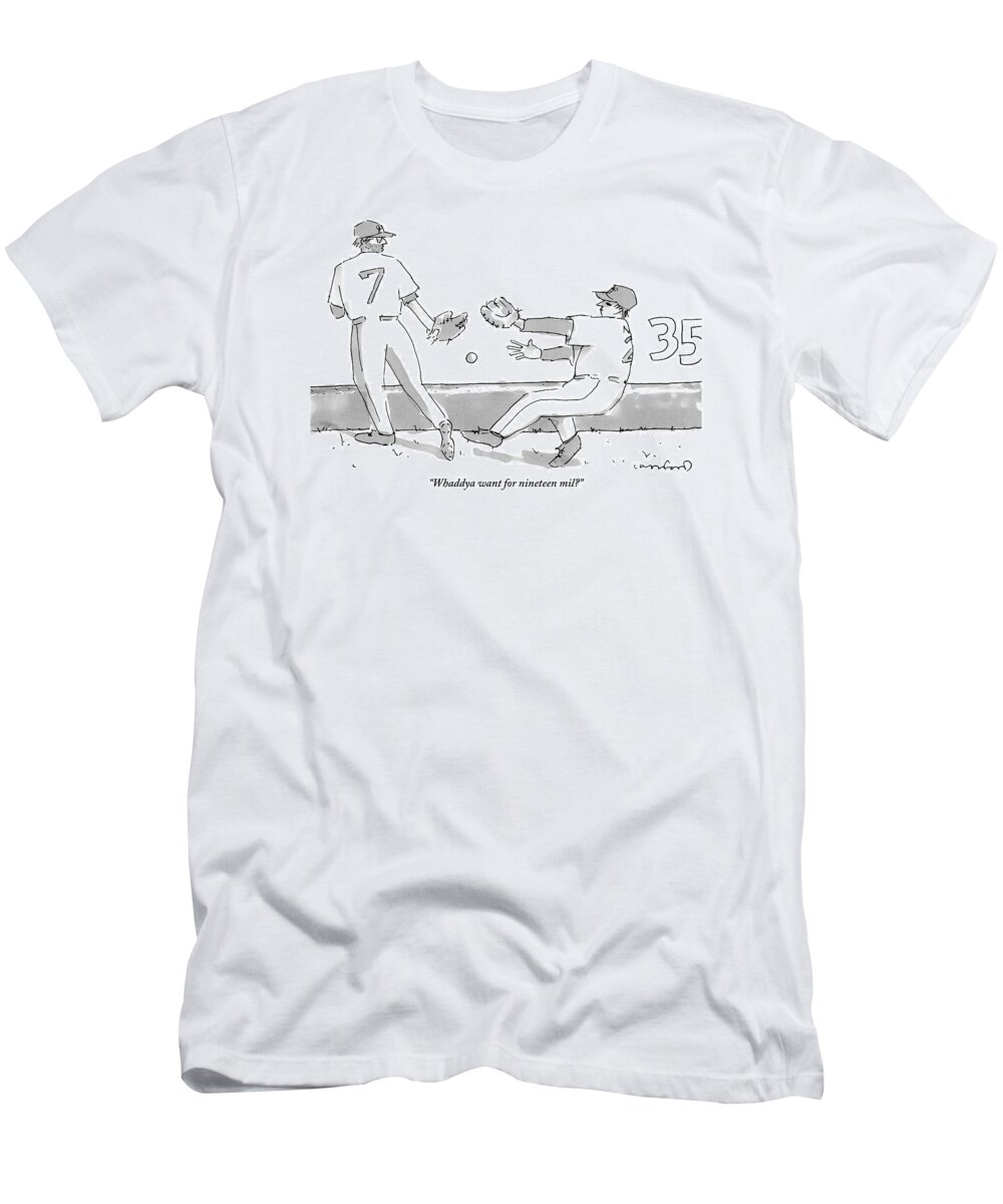 Baseball T-Shirt featuring the drawing Two Baseball Players And A Baseball In The Air by Michael Crawford