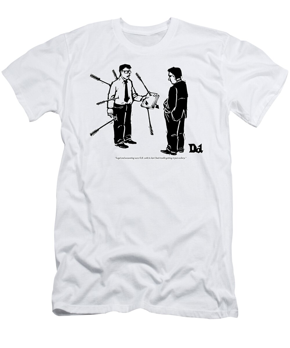 Archery T-Shirt featuring the drawing Two Businessmen Stand Together by Drew Dernavich