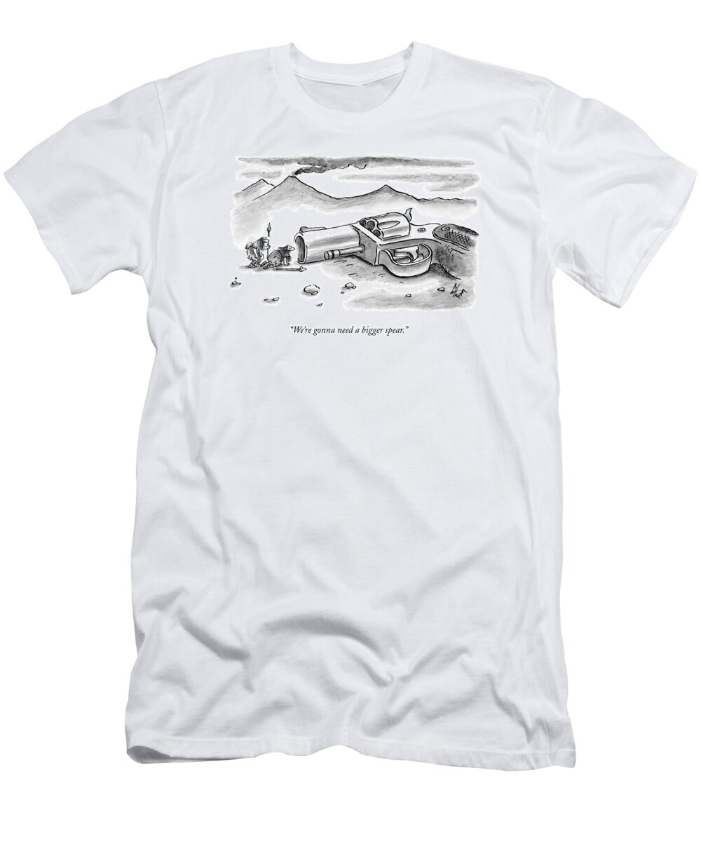 Gun T-Shirt featuring the drawing Two Cavemen Looking Into The Barrel Of An by Frank Cotham