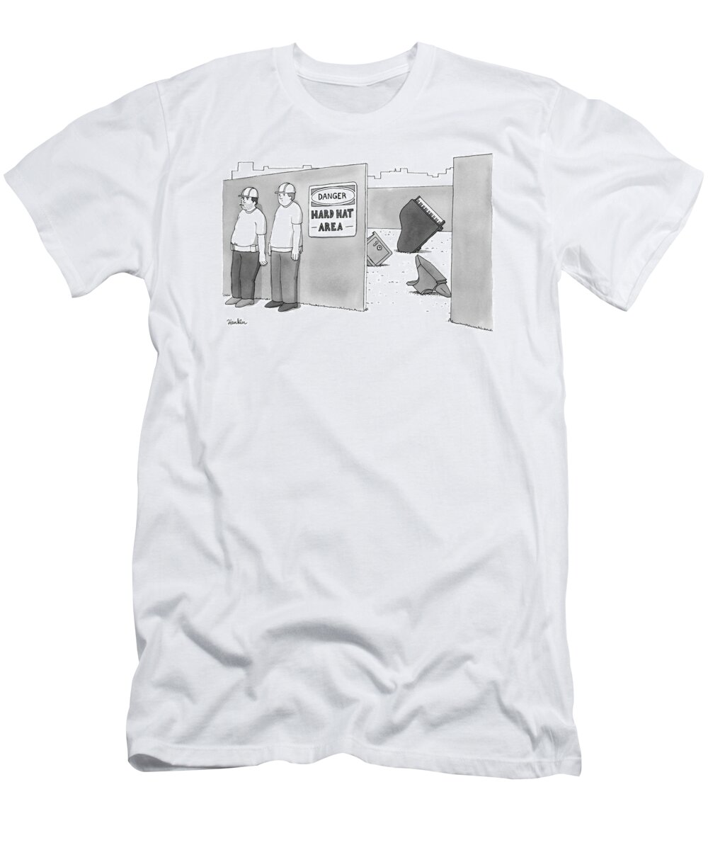 Captionless T-Shirt featuring the drawing Two Construction Workers Stand Near A Hard Hat by Charlie Hankin
