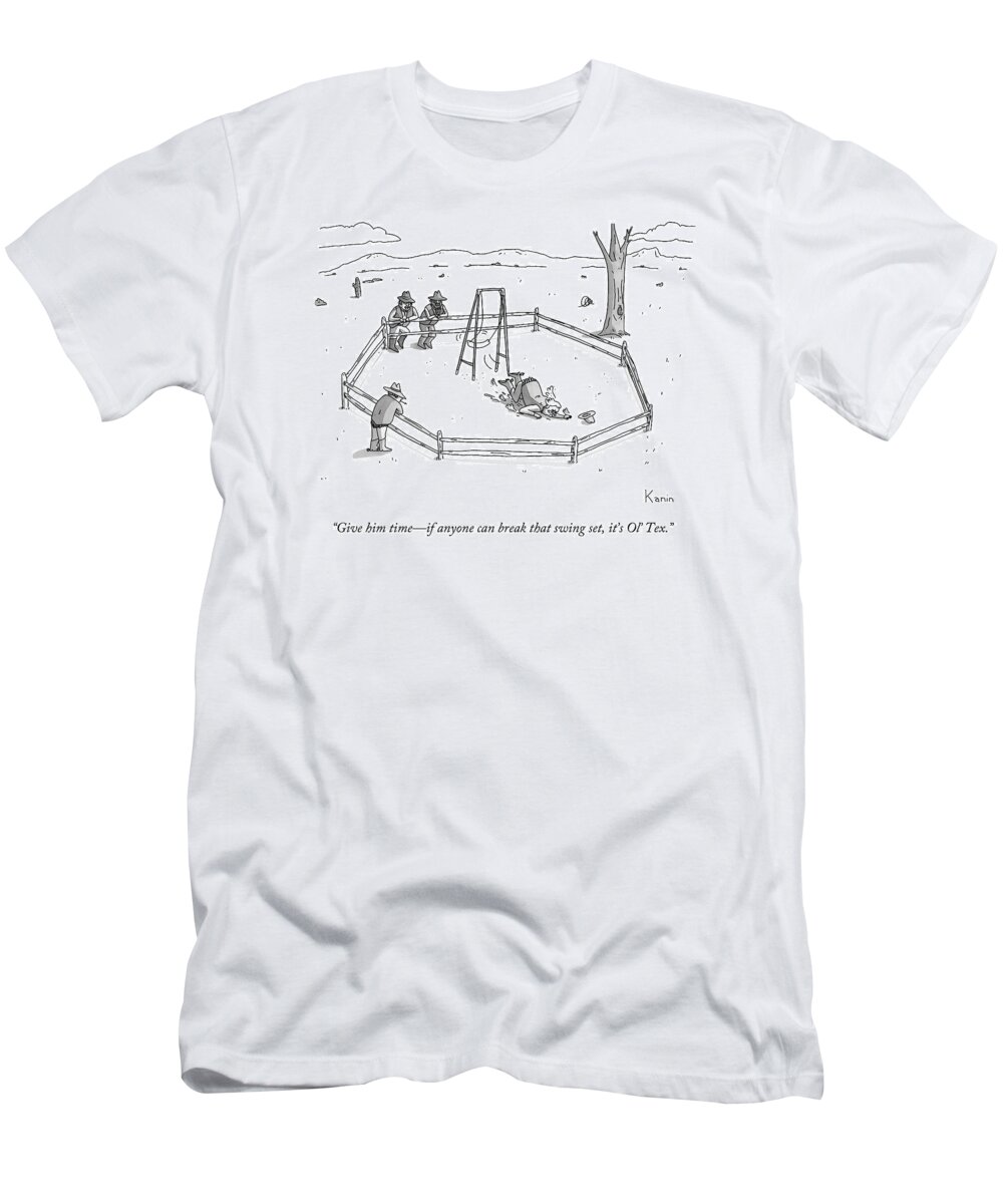 Cowboys T-Shirt featuring the drawing Two Cowboys Look On As A Man Is Thrown Clear by Zachary Kanin
