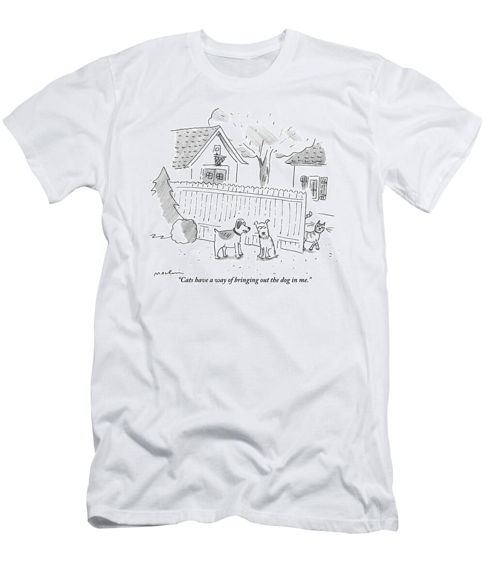 Dogs With Cats T-Shirt featuring the drawing Two Dogs Are Speaking With A Cat Walking Near By by Michael Maslin