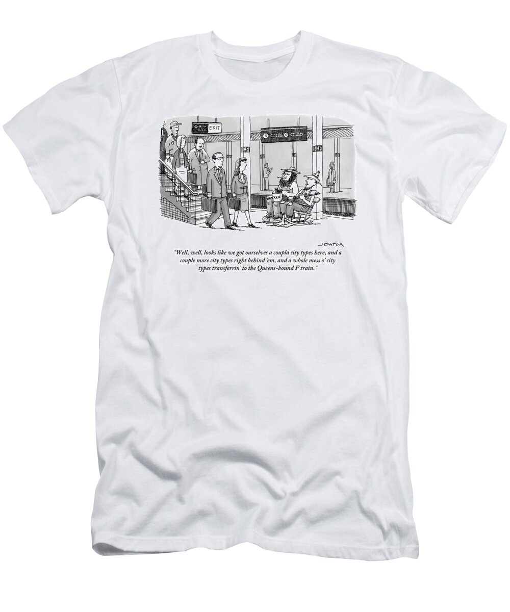 Well T-Shirt featuring the drawing Two Farmers Sit In Rocking Chairs At The 42nd by Joe Dator