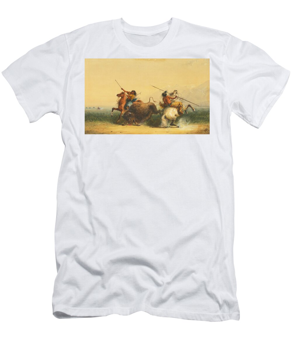 Alfred Jacob Miller T-Shirt featuring the painting Two Indians Killing a Buffalo by Alfred Jacob Miller